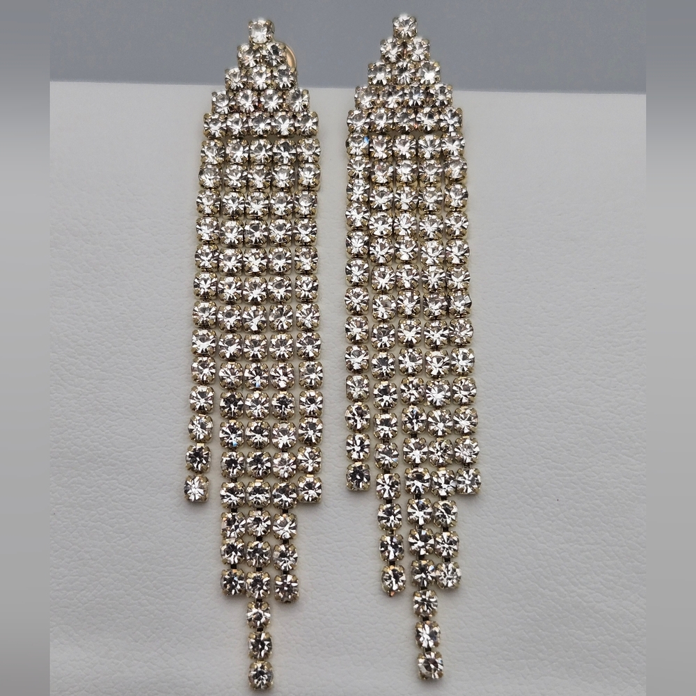 Gold-Tone Rhinestone Dazzling Tassel Earrings with .925 Sterling Silver Bridal